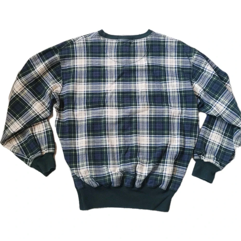 VTG Polo Sport Ralph Lauren Plaid Sweatshirt Small Green Blue Tartan 90 Crewneck